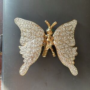 Large Gold Tone Rhinestone Butterfly Brooch